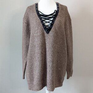 Entro Brown Knit Lace-Up Sweater Size Medium V-Neck Oversized Cozy Long Sleeve